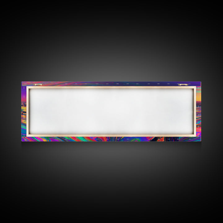 Neon Cyberpunk City Canvas Print, Futuristic Skyline Wall Art, Glitch Urban Decor, Modern Gaming Room Panoramic Wall Art Print