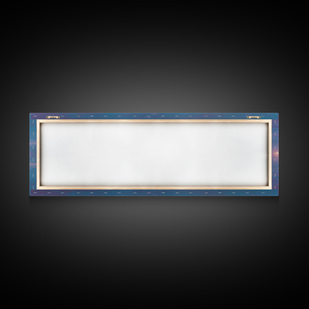 Neon Futuristic Skyline Reflection Wall Art, Panoramic Canvas Print, Cyberpunk Cityscape, Modern Living Room Decor, Large Horizontal Art