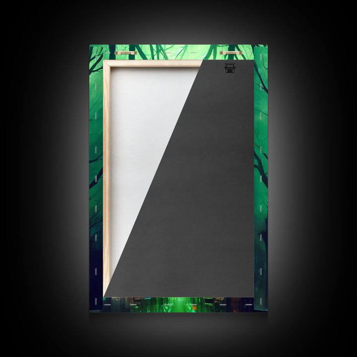 Emerald green city streets under a full moon, cool spooky art, framed canvas print