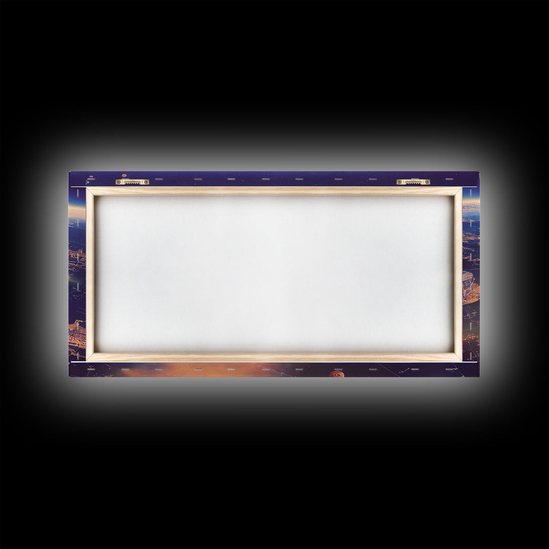 Bird's eye view of a futuristic city-planet, cool scifi art, framed canvas print, ready to hang framed wall art