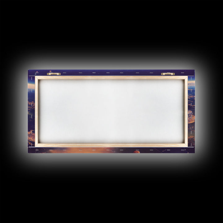 Bird's eye view of a futuristic city-planet, cool scifi art, framed canvas print, ready to hang framed wall art