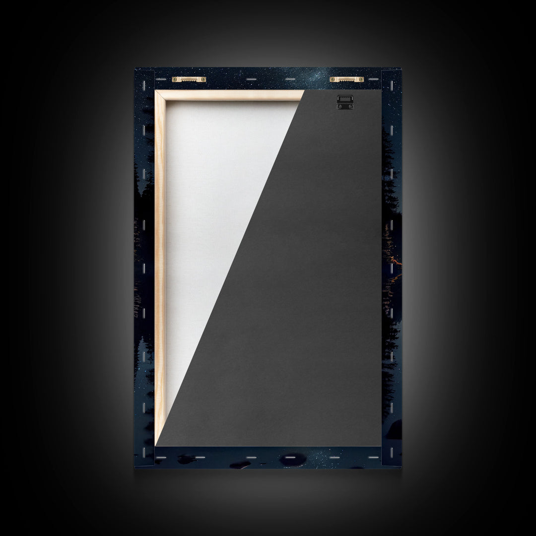 Reflections of a starry night sky over the lake, lakehouse art, beautiful framed canvas print