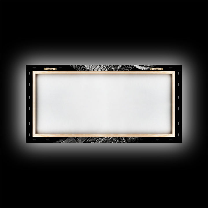 Black and White Portrait of Odin and Muninn, King of The Gods, Framed Canvas Print, Odin's Ravens, Norse Mythology Art