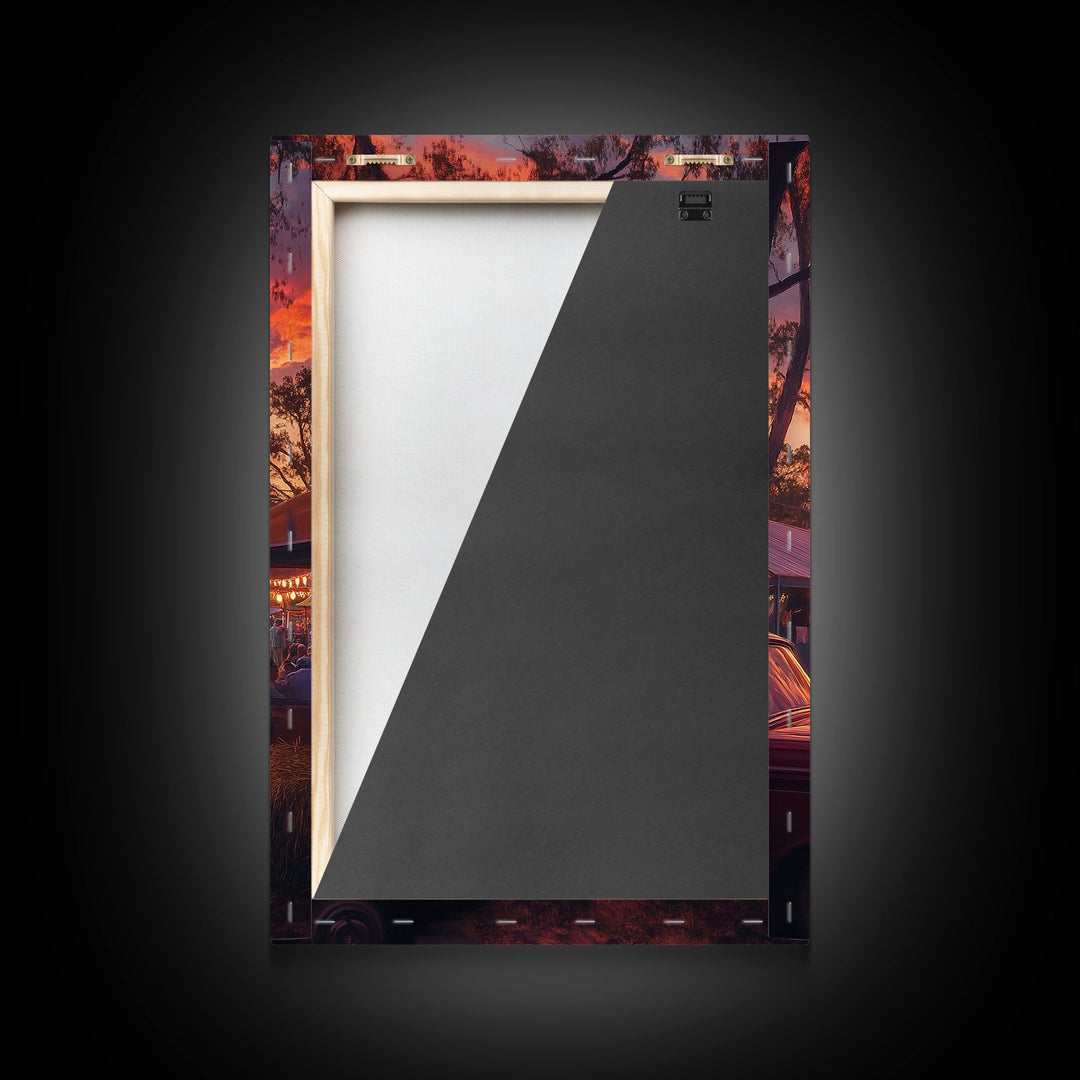 Rustic Country Fair at Sunset, Carnival Ferris Wheel and Warm Autumn Colors, Framed Canvas Print for Seasonal Home Decor