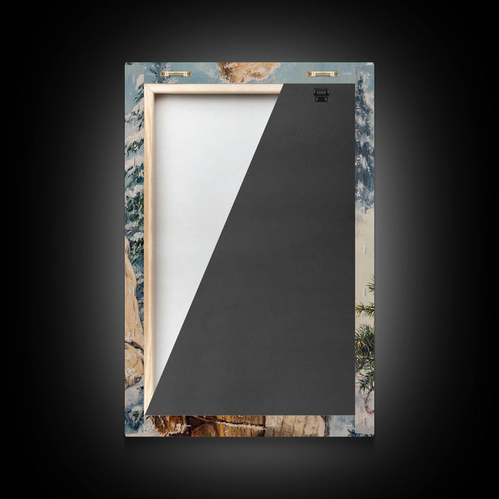 Cozy Christmas framed canvas print woman carrying holiday greenery in snowy winter scene perfect for vintage Christmas home decor