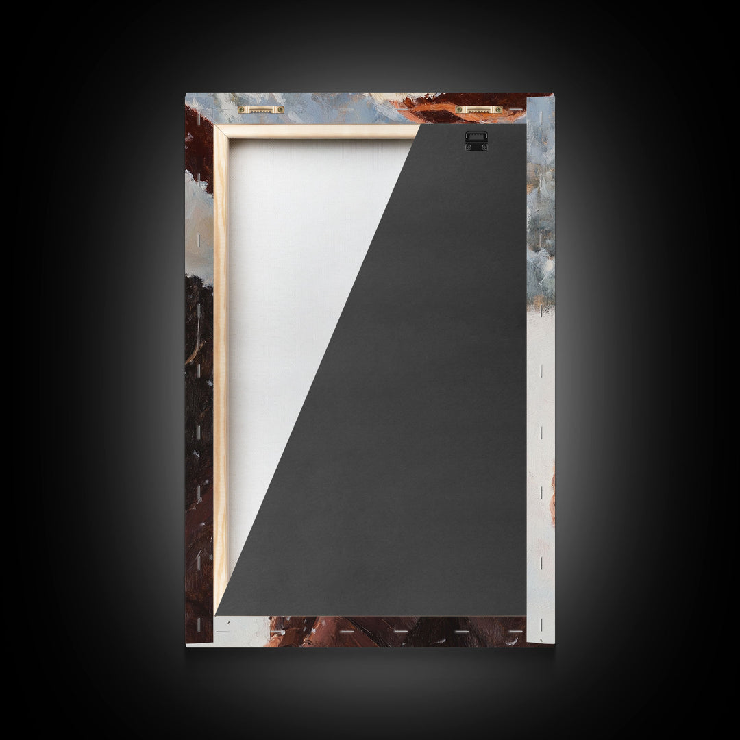 Framed canvas print of a peaceful winter scene with a woman a hot chocolate perfect for holiday gift idea or rustic Christmas wall art decor