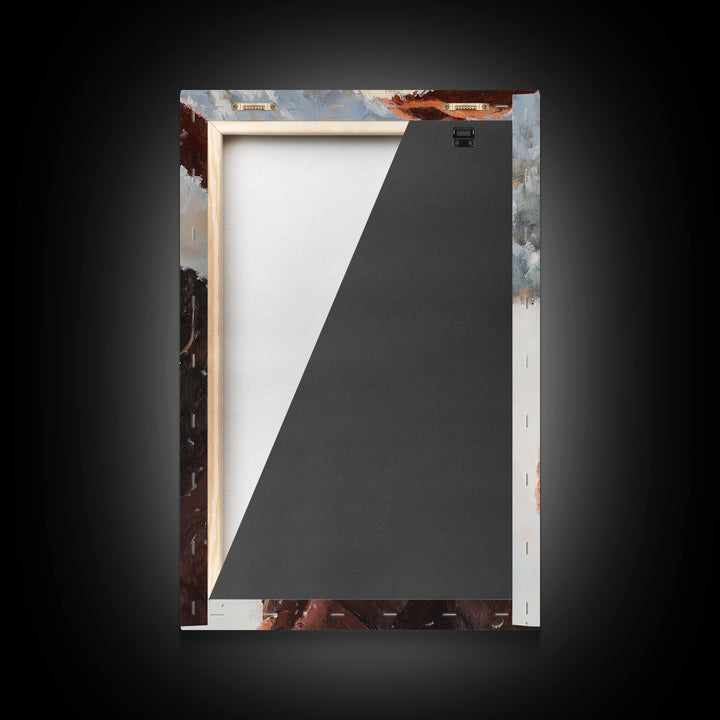 Framed canvas print of a peaceful winter scene with a woman a hot chocolate perfect for holiday gift idea or rustic Christmas wall art decor