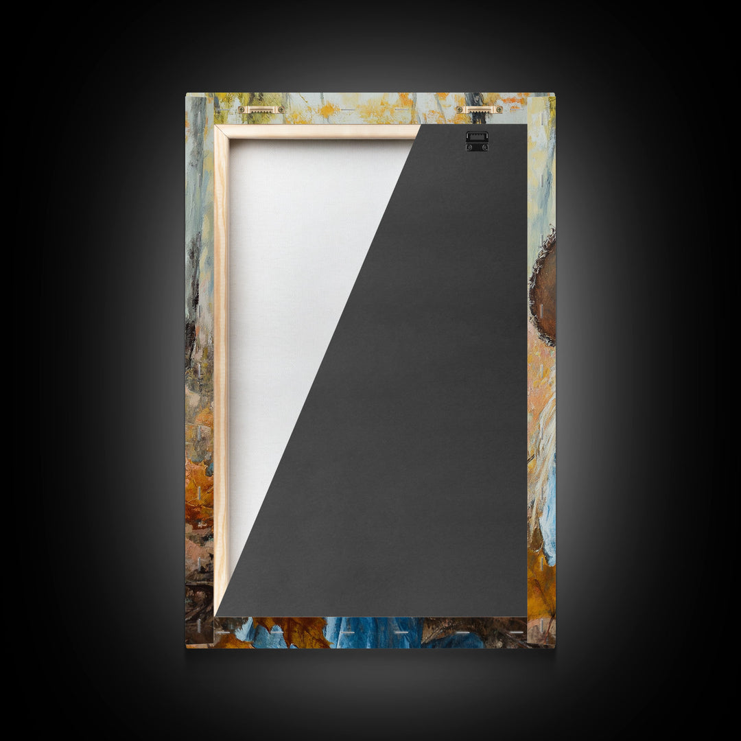 Fall-themed farmhouse framed canvas print a woman with coffee amidst autumn leaves ideal harvest home decor or seasonal wall art gift idea