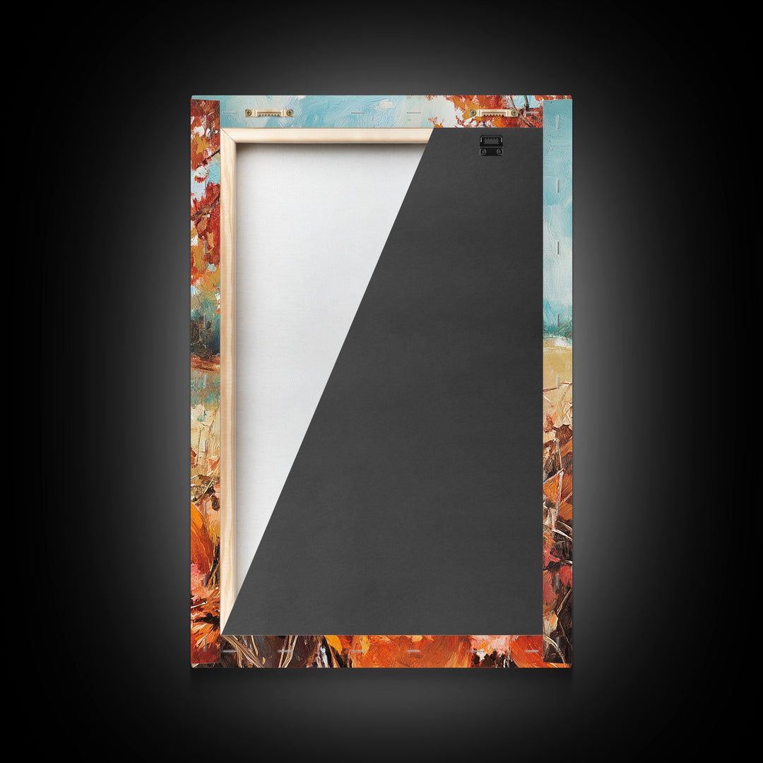 Country fall harvest framed canvas print pumpkins and a serene autumn landscape perfect seasonal wall art for rustic farmhouse home decor