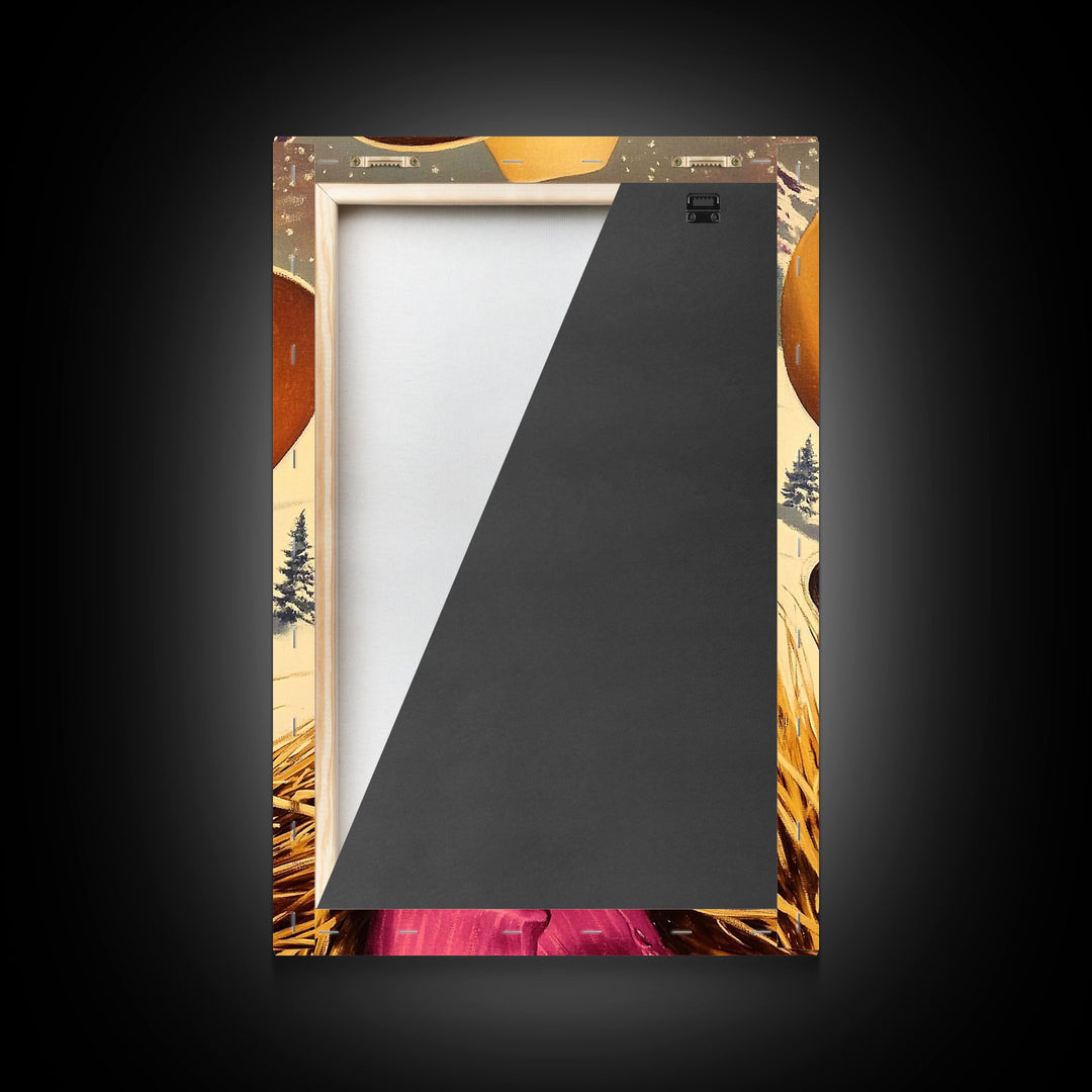 Retro Christmas framed canvas print festive cowgirl in a snowy landscape perfect holiday wall art or vintage Christmas home decor gift idea