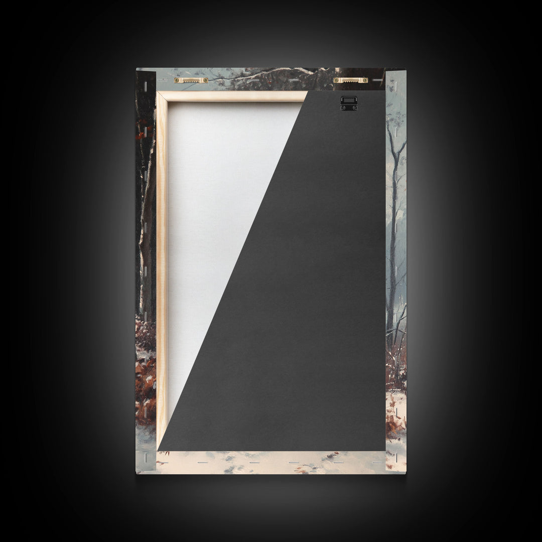 Framed Canvas Print of a Snowy Path with Trees and Red Leaves, Winter Wall Art, Moody Landscape, Best Gift Idea, Modern Christmas Decor