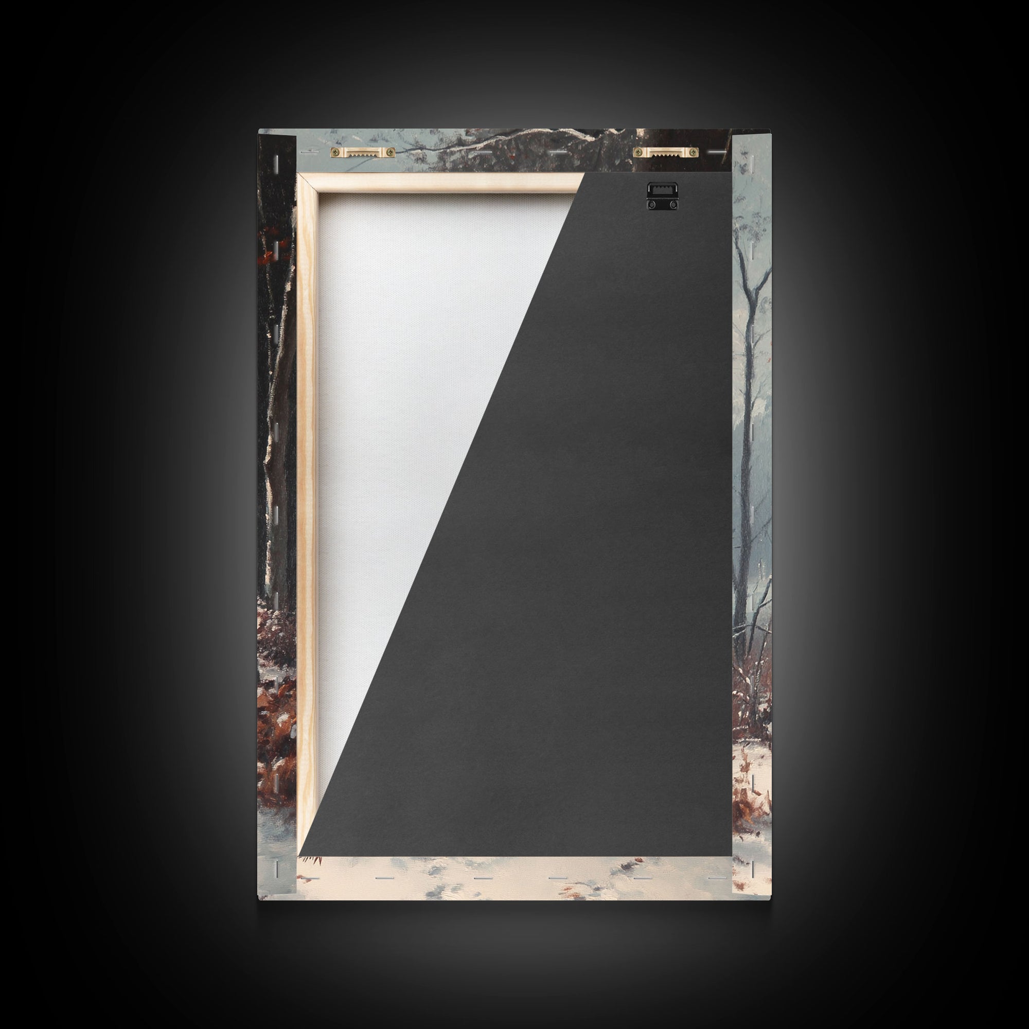 Framed Canvas Print of a Snowy Path with Trees and Red Leaves, Winter Wall Art, Moody Landscape, Best Gift Idea, Modern Christmas Decor