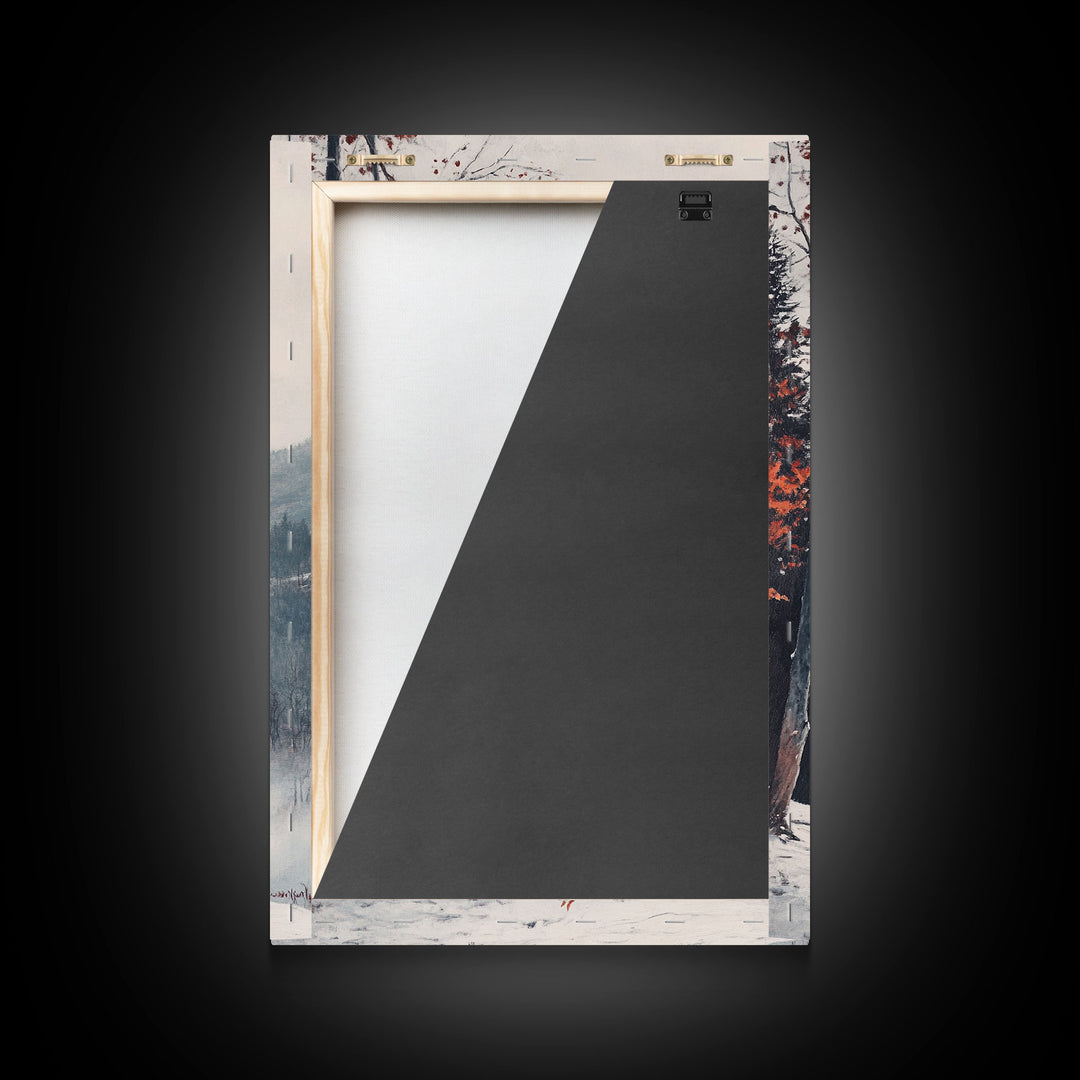 Canvas Print of Snowy Mountain Trees Red Leaves, Winter Wonderland Wall Art, Best Gift Idea, Moody Landscape, Rustic Christmas Decor