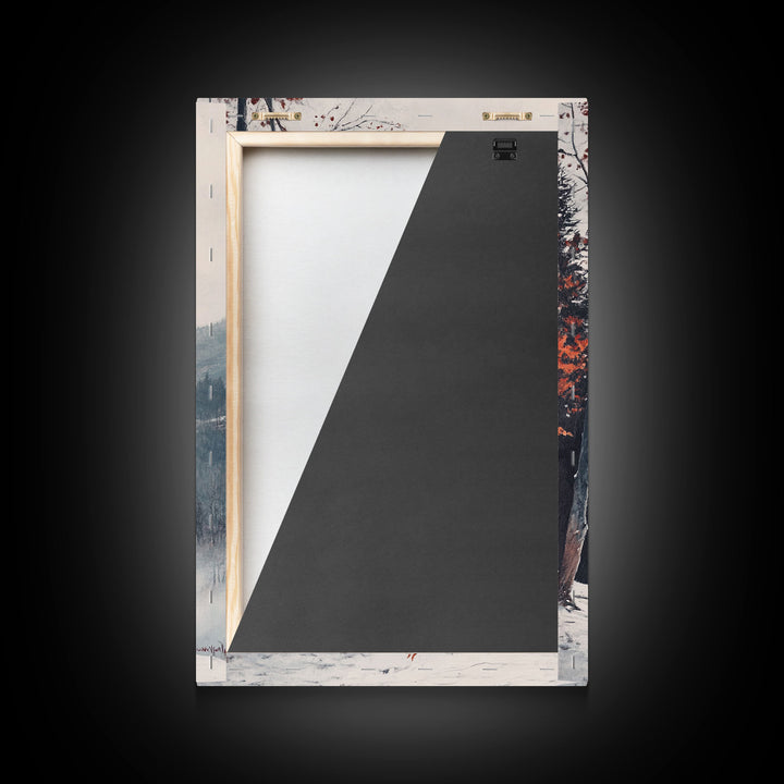 Canvas Print of Snowy Mountain Trees Red Leaves, Winter Wonderland Wall Art, Best Gift Idea, Moody Landscape, Rustic Christmas Decor