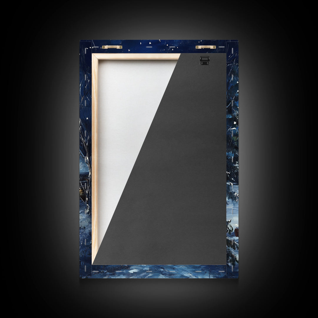 Cowboy Christmas by the Fire Framed Canvas Print, Western Holiday Decor with Snowy Cabin, Cozy Art Perfect for Rustic Christmas Winter Decor