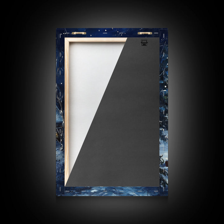 Cowboy Christmas by the Fire Framed Canvas Print, Western Holiday Decor with Snowy Cabin, Cozy Art Perfect for Rustic Christmas Winter Decor