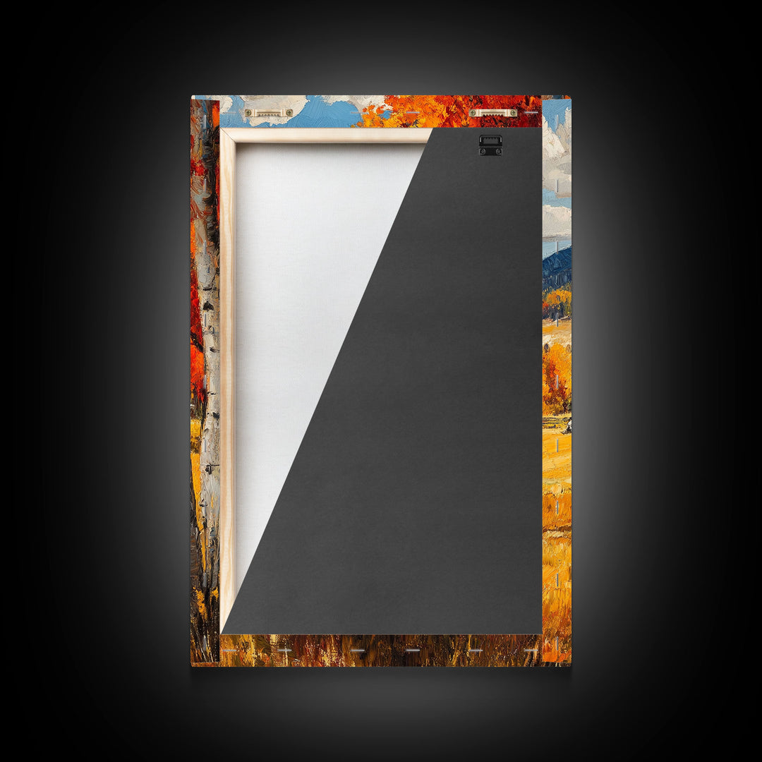 Countryside Barn in Autumn Framed Canvas Print, Bright Fall Landscape Birch Trees, Rustic Wall Art Country Home or Farmhouse Autumn Decor