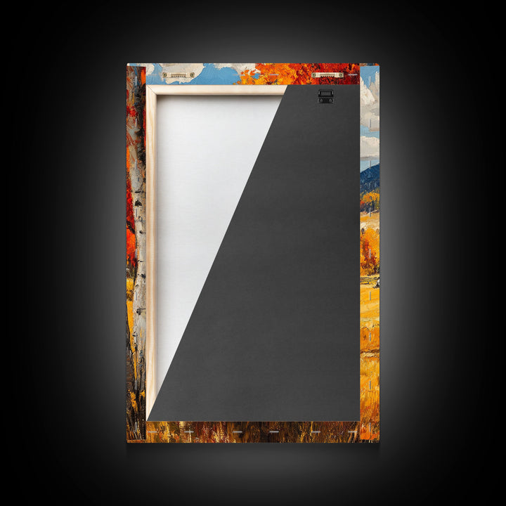 Countryside Barn in Autumn Framed Canvas Print, Bright Fall Landscape Birch Trees, Rustic Wall Art Country Home or Farmhouse Autumn Decor