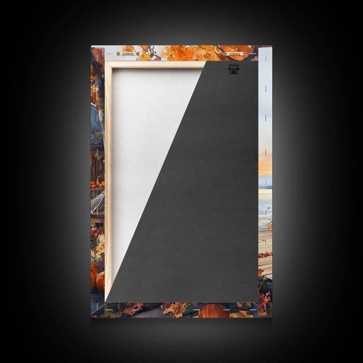 Cozy autumn cabin porch with pumpkins and scenic view, Framed Canvas Print, perfect above sofa art, fall seasonal decor, gallery wall