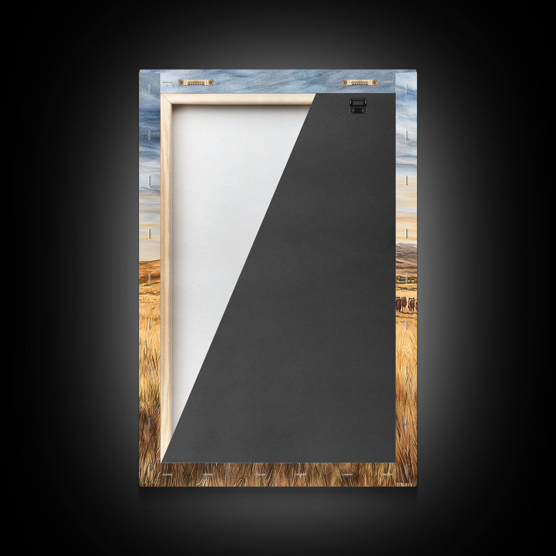 Cowboy leading cattle across golden prairie, Framed Canvas Print, western landscape wall art for rustic farmhouse decor, gift idea holiday