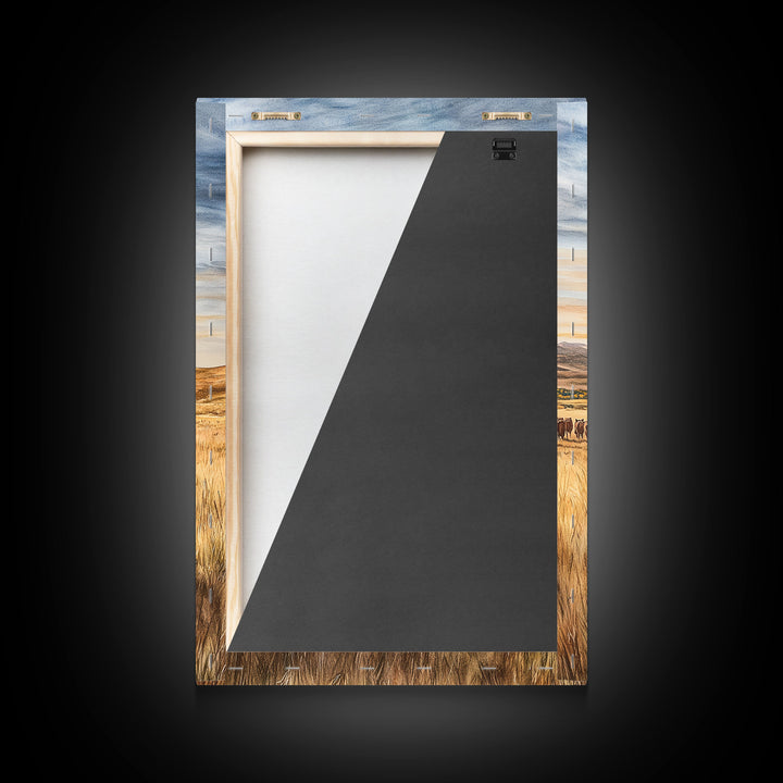 Cowboy leading cattle across golden prairie, Framed Canvas Print, western landscape wall art for rustic farmhouse decor, gift idea holiday