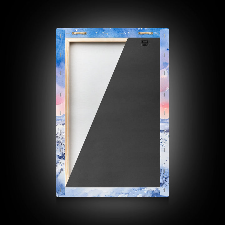 Cowboy riding through snowy sunset, Framed Canvas Print, winter landscape wall art, western decor for above sofa, rustic holiday decor