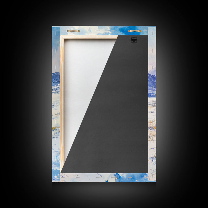 Cowboy riding through snowy mountain pass, Framed Canvas Print, western winter landscape wall art, farmhouse holiday decor Christmas gift