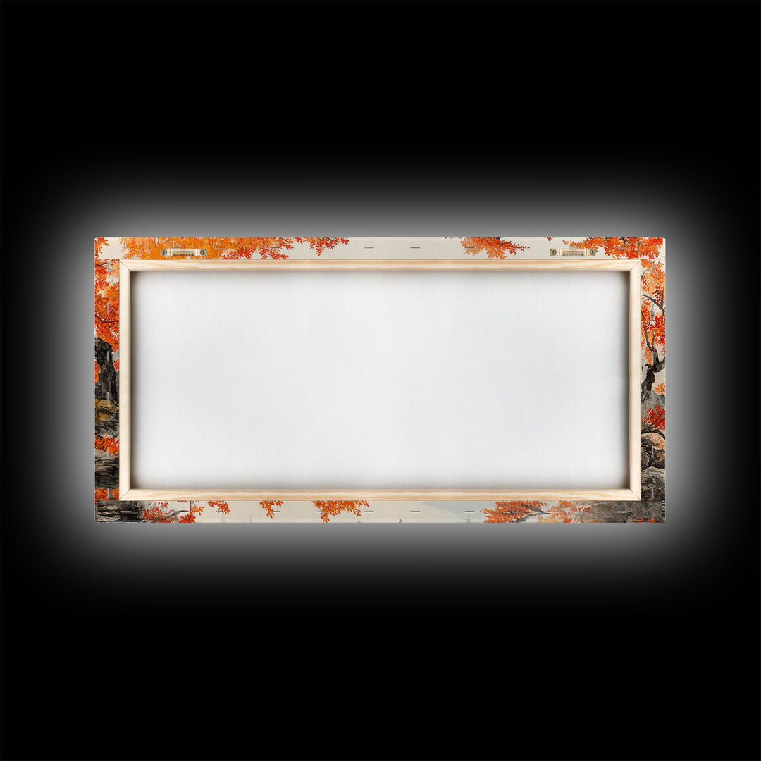 Japanese Bridge in Autumn Framed Canvas Print Fall Landscape Art Nature Wall Decor Seasonal Holiday Art Rustic Country Gift Idea 2024