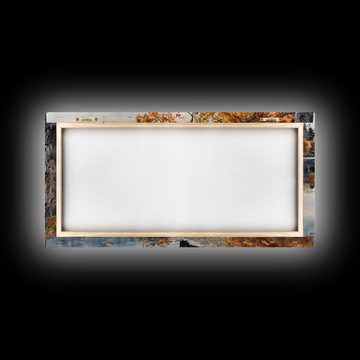 Fall lake house decor Framed Canvas Print serene lakeside cabin canoe rustic autumn wall art seasonal decor gift idea cozy fall home decor