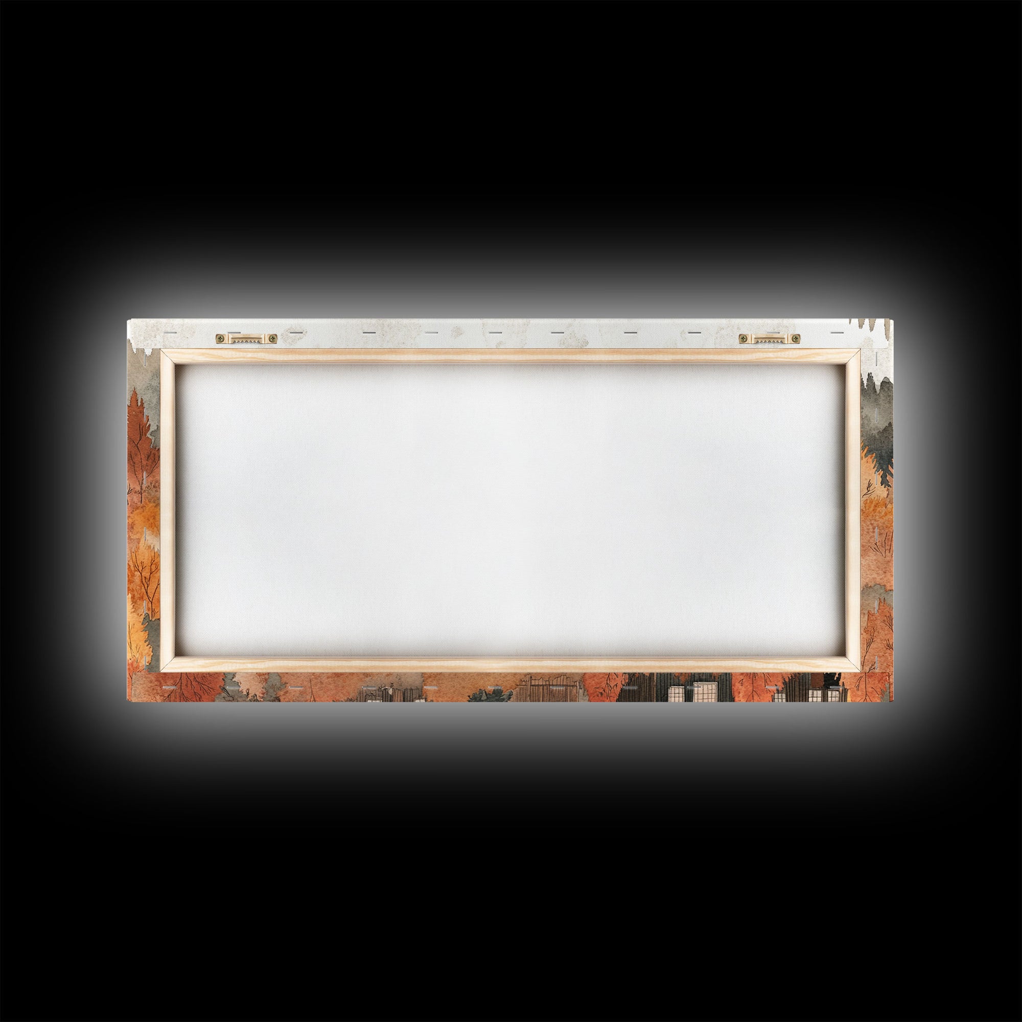 Autumn village decor Framed Canvas Print rustic village with fall trees cozy seasonal wall art gift idea moody landscape autumn home decor