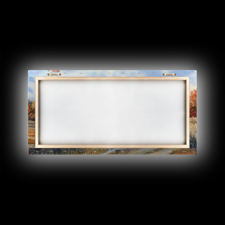 Red Barn in Autumn Landscape, Framed Canvas Print, Farmhouse Fall Decor, Watercolor Wall Art, Above Sofa Art, Wall Decor, Gift Idea 2024