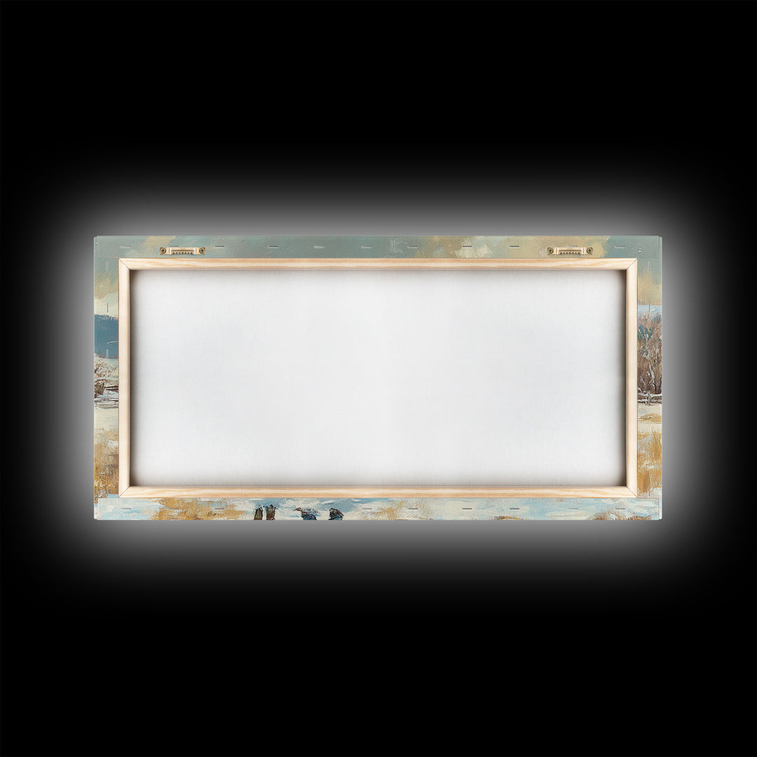 Our First House, Framed Canvas Print, Winter Landscape and Red Barn Painting, Rustic Farmhouse Decor, Outdoor Decor Christmas, Vintage Art