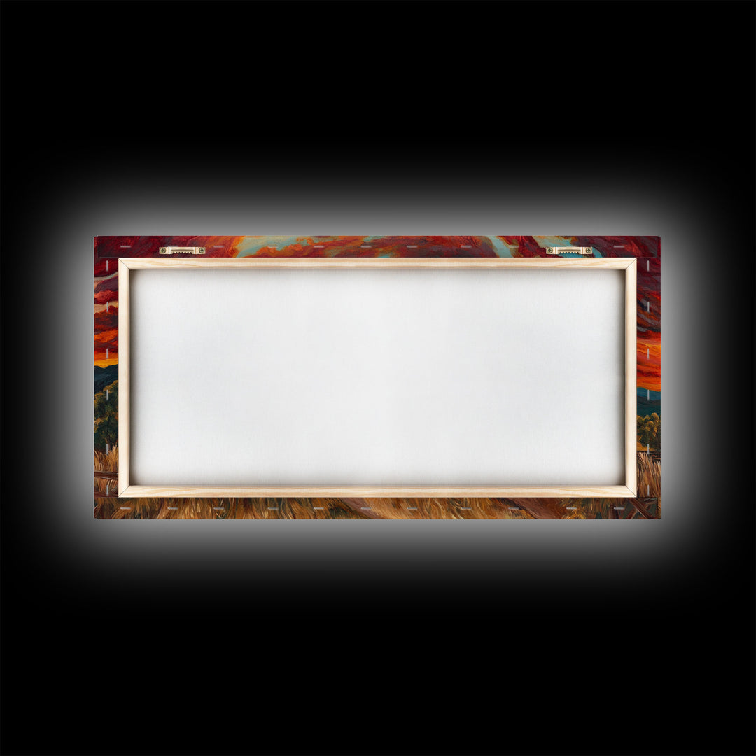 Sunset Ranch Framed Canvas Print Western Farmhouse Landscape Autumn Wall Art Large Fall Country Home Decor Above Sofa Art Piece