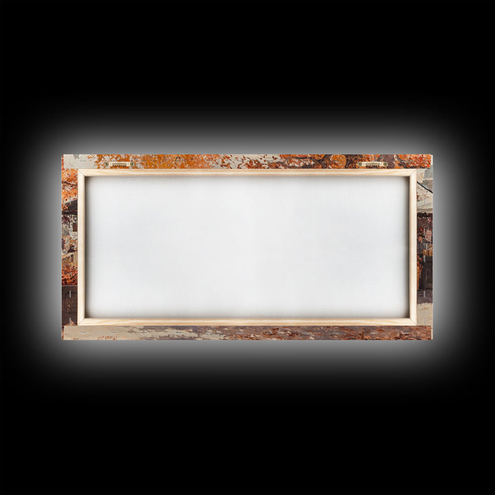 Cowboy in green jacket, snow-capped mountains trees, Framed Canvas Print, tall western Christmas wall art, winter decor, colorful landscape