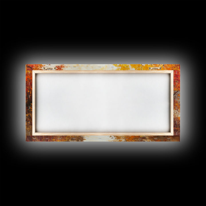 Cowboy sitting by campfire near a lake in the woods with autumn leaves, Framed Canvas Print, moody fall wall art, rustic western home decor