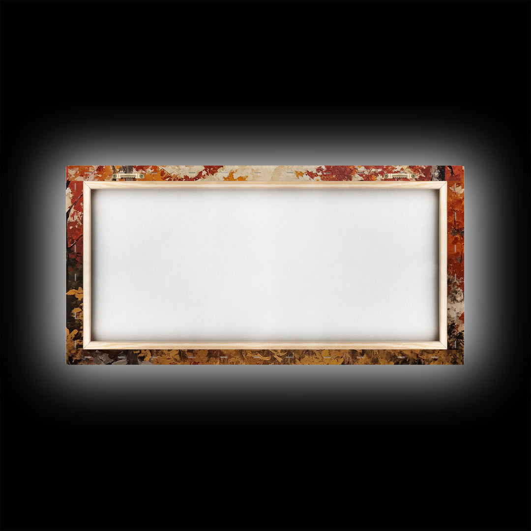 Cowboy on mountainside with red autumn leaves rugged cliffs, Framed Canvas Print, fall landscape wall art, western decor with warm colors