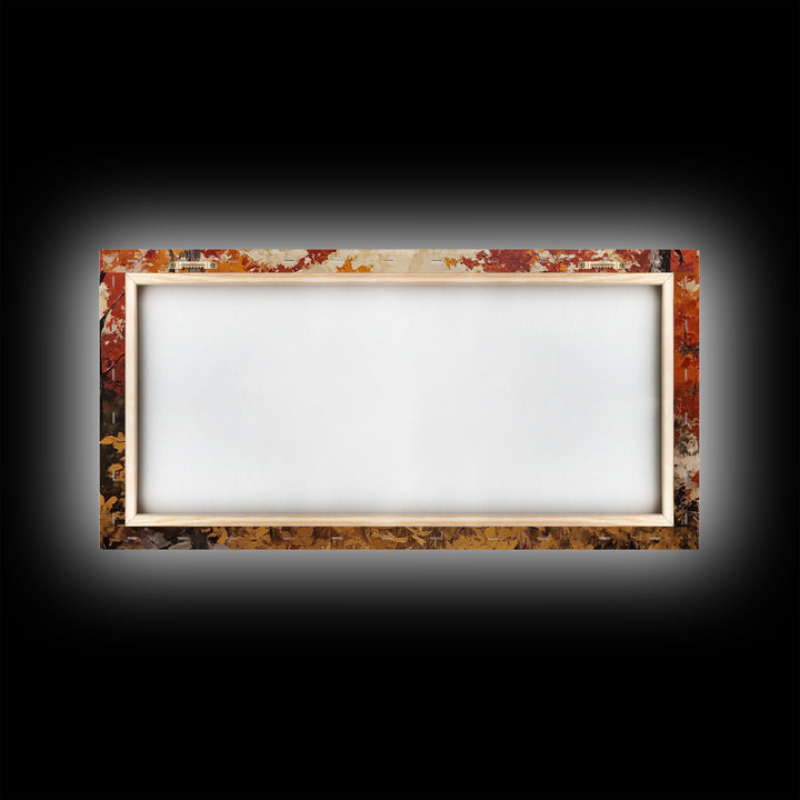 Cowboy on mountainside with red autumn leaves rugged cliffs, Framed Canvas Print, fall landscape wall art, western decor with warm colors