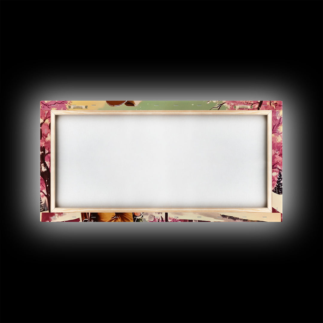 Retro Framed Canvas Print of a woman in a white dress standing next to a vintage pink truck, holiday wall art gift ideas any space