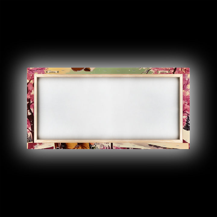 Retro Framed Canvas Print of a woman in a white dress standing next to a vintage pink truck, holiday wall art gift ideas any space