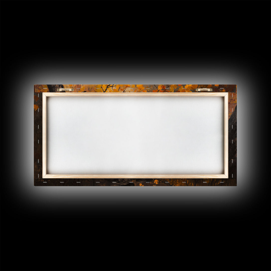 Cozy autumnal Framed Canvas Print featuring a woman with a mug, surrounded by vibrant fall leaves, perfect seasonal wall art for cozy spaces