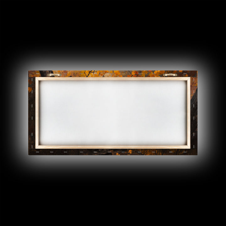 Cozy autumnal Framed Canvas Print featuring a woman with a mug, surrounded by vibrant fall leaves, perfect seasonal wall art for cozy spaces