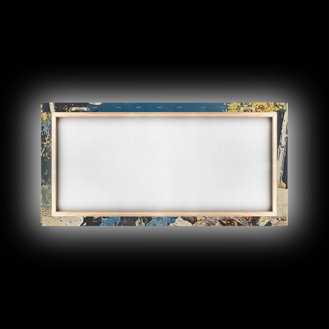 Bold monochromatic Framed Canvas Print showcasing a woman in a cowboy hat with horses in a snowy mountain landscape, rustic winter wall art