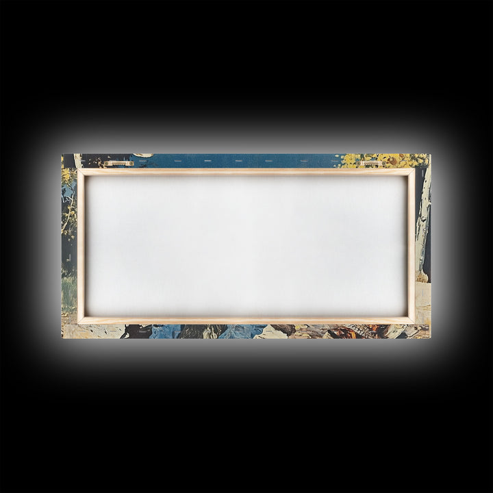 Bold monochromatic Framed Canvas Print showcasing a woman in a cowboy hat with horses in a snowy mountain landscape, rustic winter wall art