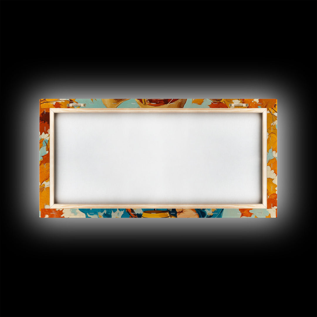 Happy Cowgirl Enjoying Hot Cocoa, Framed Canvas Print, Cute Fall Decor, Rustic Farmhouse Wall Art, Retro Style Trendy Autumn Decor