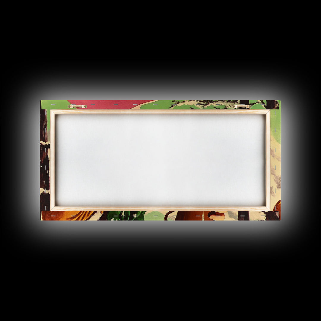 Retro Cowgirl Having A Cup Of Coffee, Framed Canvas Print, 1950s Style Wall Art, Vintage Art, Winter Decor, Watercolor Christmas Art