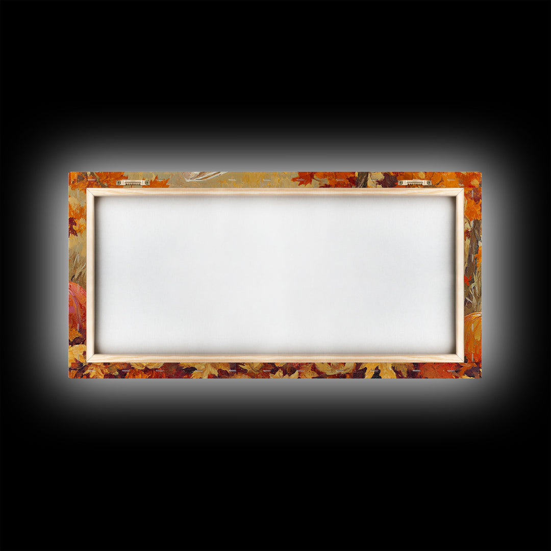 Framed Canvas Print colorful autumn landscape, vibrant fall foliage and misty morning setting, tranquil country home decor rustic wall art