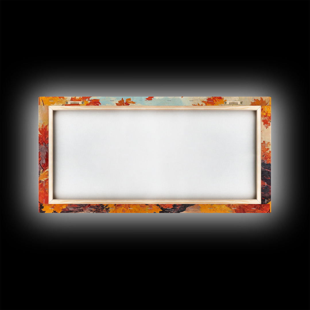 Framed Canvas Print tranquil lakeside winter scene with snow-dusted trees and clear reflections, peaceful winter landscape art holiday decor