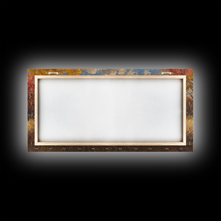 Horseback Riders In Autumn Near Barn, Rustic Fall Wall Art, Cozy Farmhouse Decor Framed Canvas Print, Harvest Time Country Art