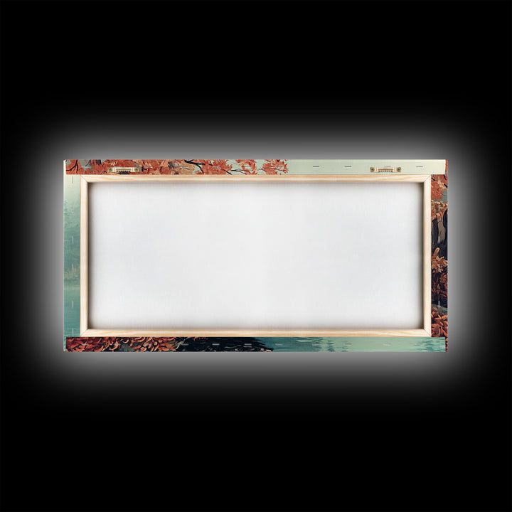 Fall On The Lake, Watercolor Landscape Painting Framed Canvas Print, retro holiday decor wall art with nostalgic vibe