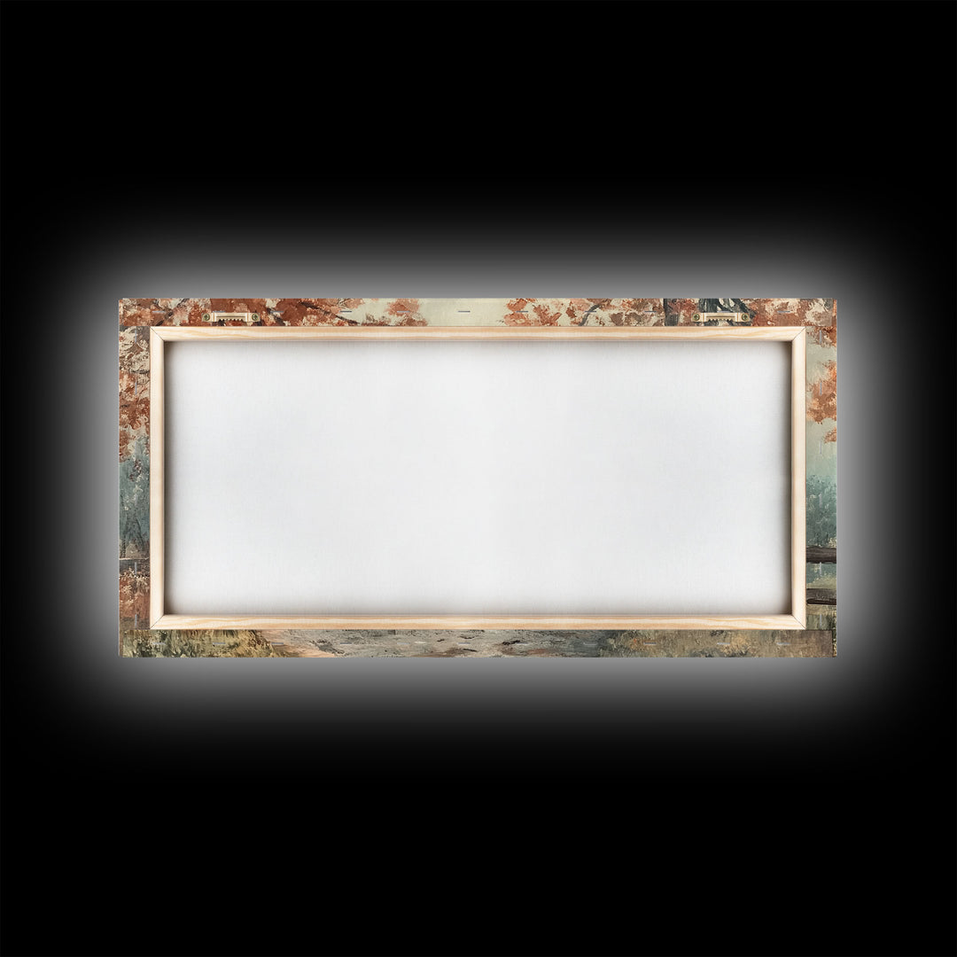 Autumn Path Framed Canvas Print, Rustic Fence and Trees Wall Art, Farmhouse Fall Home Decor, Vintage Style Wall Art, Seasonal Gift Idea